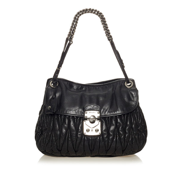ミュウミュウ ホーボー ブラック レザー チェーン ショルダーバッグ レディース MIUMIU 【中古】