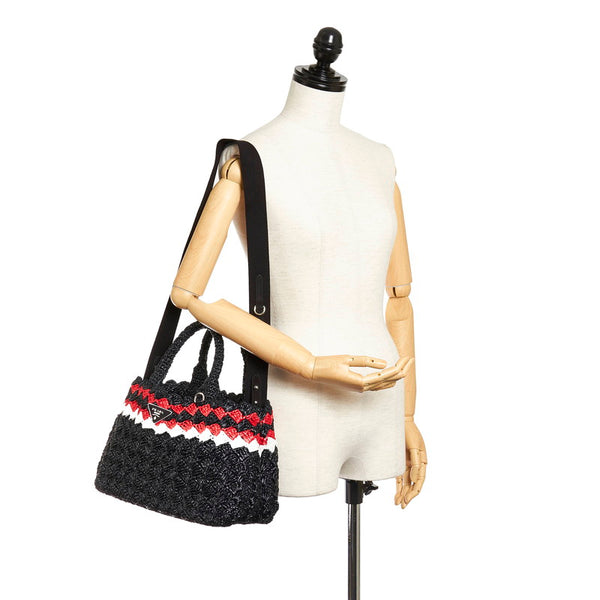 プラダ カナパ 1BG889 ブラック レッド ホワイト ラフィア ハンドバッグ ショルダーバッグ 2WAY  レディース PRADA 【中古】