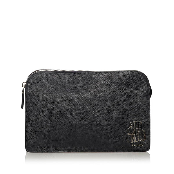 プラダ サフィアーノ クラッチバッグ ブラック レザー ユニセックス PRADA 【中古】