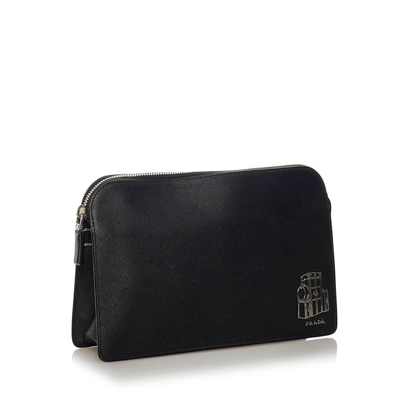 プラダ サフィアーノ クラッチバッグ ブラック レザー ユニセックス PRADA 【中古】
