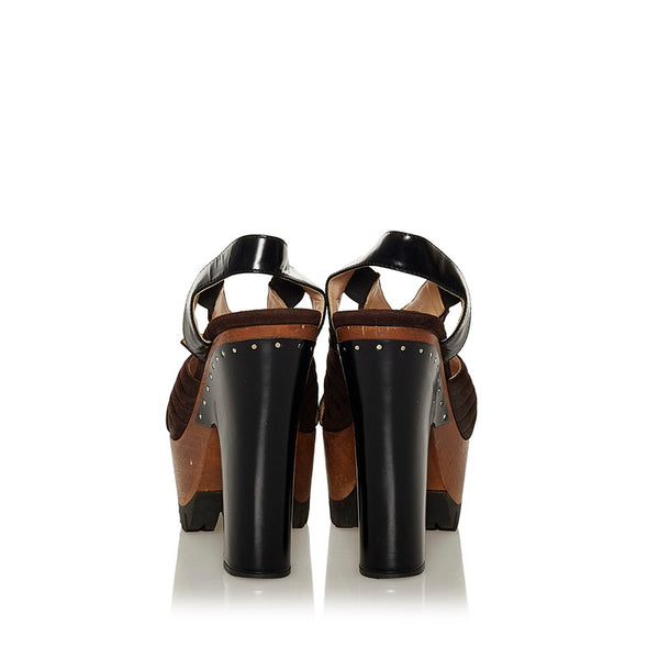 プラダ ウッド サンダル ブラウン ブラック レザー スウェード レディース PRADA 【中古】