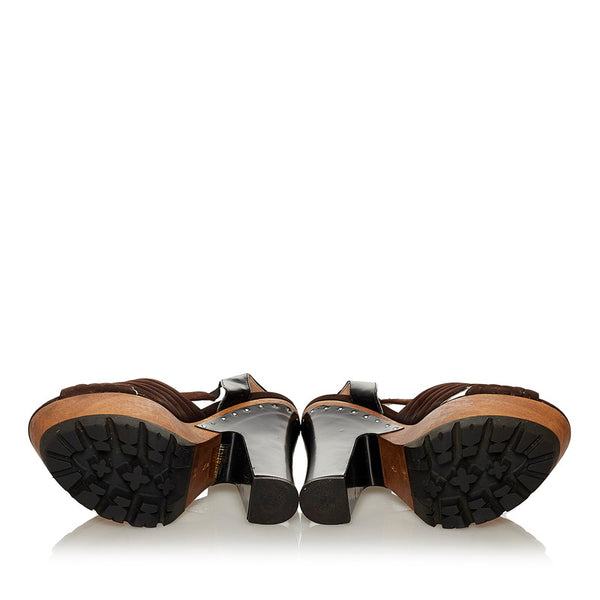 プラダ ウッド サンダル ブラウン ブラック レザー スウェード レディース PRADA 【中古】