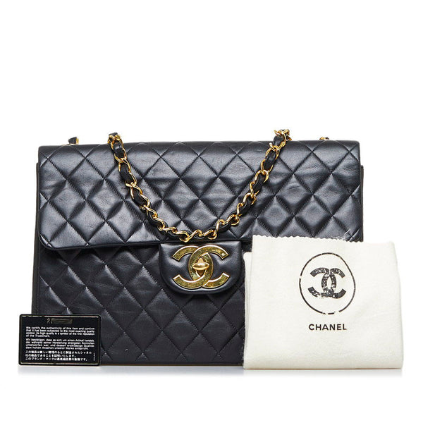 シャネル デカマトラッセ シングルフラップ ゴールド金具 ダブルチェーン ショルダーバッグ  ブラック ラムスキン レディース CHANEL 【中古】