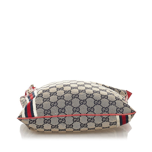 グッチ GGキャンバス シェリー 斜め掛け ショルダーバッグ 144388 ベージュ ネイビー レッド キャンバス レザー レディース GUCCI 【中古】