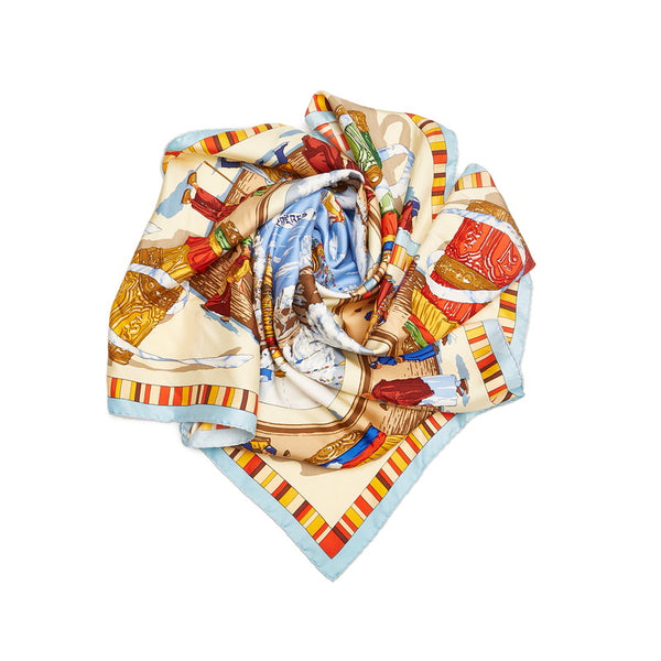 エルメス カレ90 PRIERES AU VENT 風の中の祈り スカーフ ブルー シルク レディース HERMES 【中古】