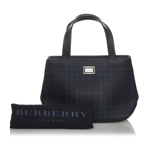 バーバリー チェック ハンドバッグ ブラック ブルー PVC レザー レディース BURBERRY 【中古】