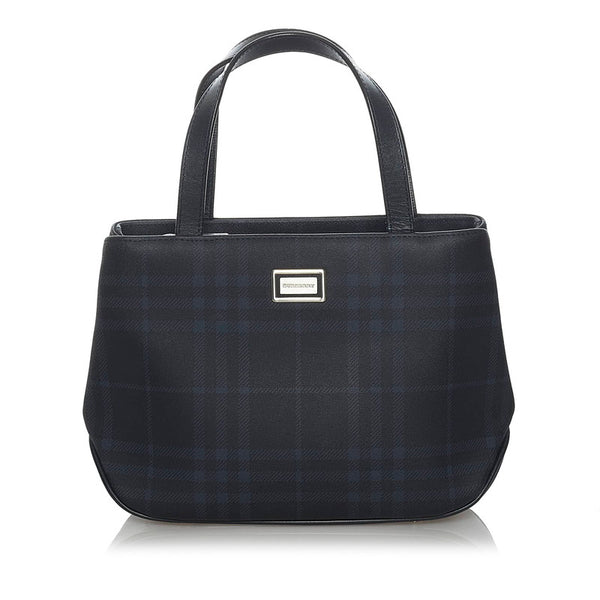 バーバリー チェック ハンドバッグ ブラック ブルー PVC レザー レディース BURBERRY 【中古】