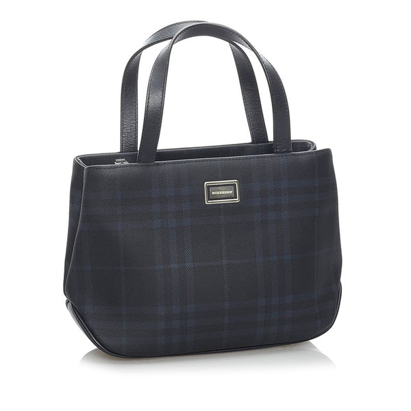 バーバリー チェック ハンドバッグ ブラック ブルー PVC レザー レディース BURBERRY 【中古】