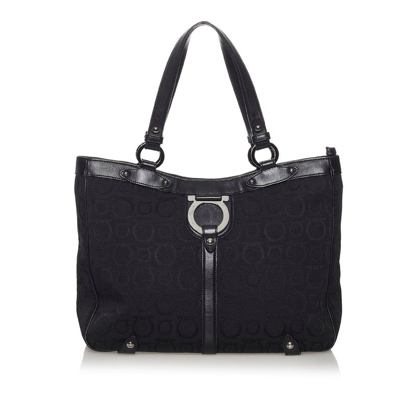 サルヴァトーレフェラガモ ガンチーニ トートバッグ EY-21 6848 ブラック キャンバス レザー レディース Salvatore Ferragamo 【中古】