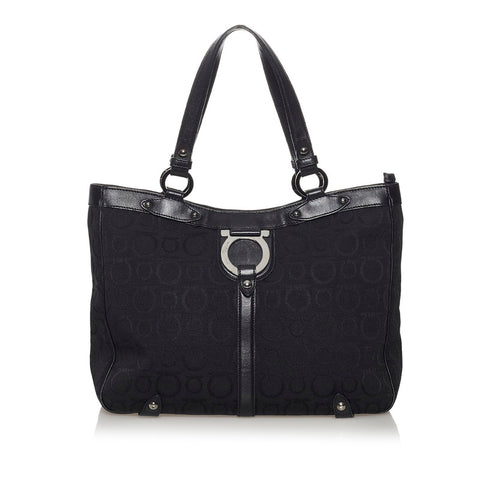 サルヴァトーレフェラガモ ガンチーニ トートバッグ EY-21 6848 ブラック キャンバス レザー レディース Salvatore Ferragamo 【中古】