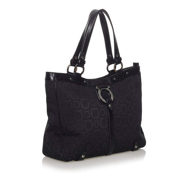 サルヴァトーレフェラガモ ガンチーニ トートバッグ EY-21 6848 ブラック キャンバス レザー レディース Salvatore Ferragamo 【中古】