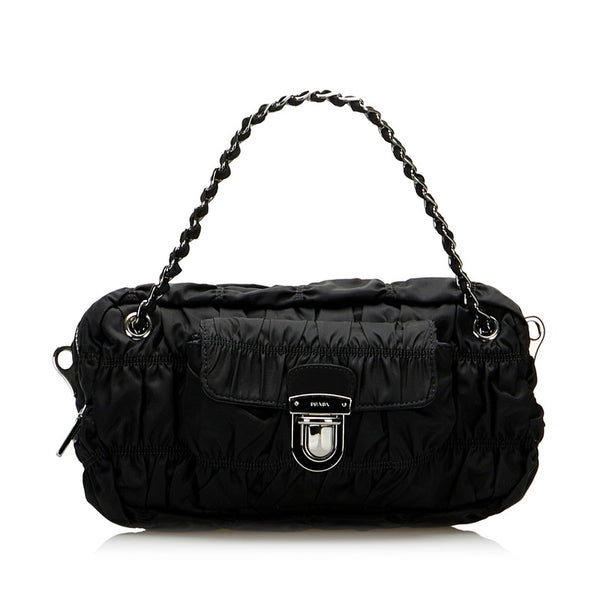 プラダ ギャザー チェーン ハンドバッグ ショルダーバッグ 2WAY BN2017 ブラック ナイロン レザー レディース PRADA 【中古】
