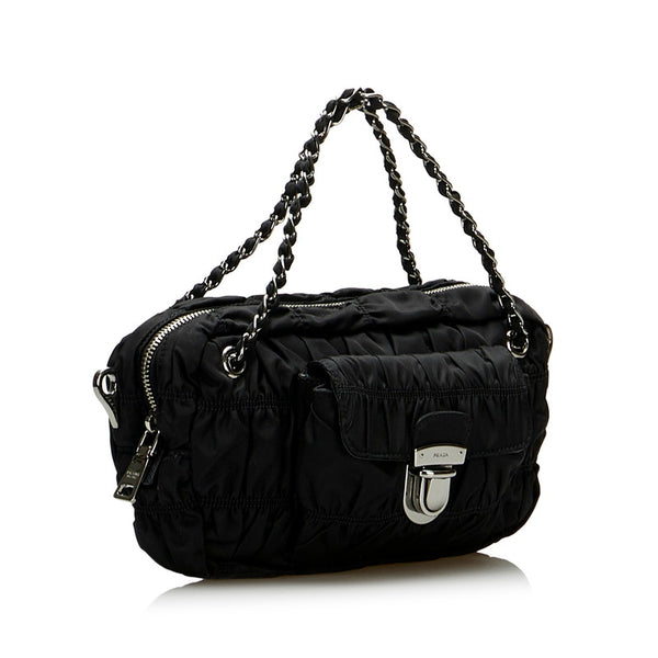 プラダ ギャザー チェーン ハンドバッグ ショルダーバッグ 2WAY BN2017 ブラック ナイロン レザー レディース PRADA 【中古】