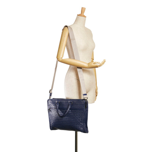 ボッテガヴェネタ イントレチャート ビジネスバッグ ブリーフケース ショルダー 2WAY 248395 ネイビー レザー メンズ BOTTEGAVENETA 【中古】