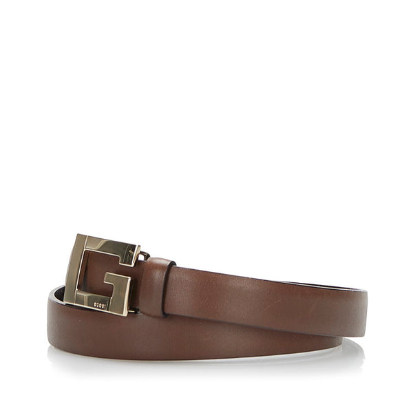 グッチ Gバックル スクエア ベルト ブラウン ゴールド レザー レディース GUCCI 【中古】
