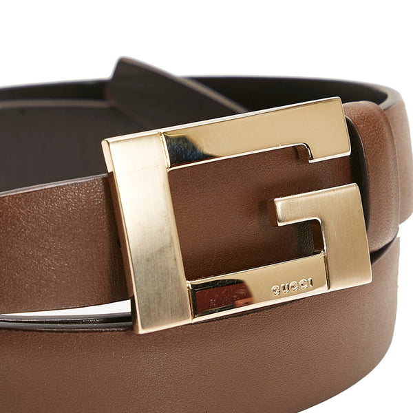 グッチ Gバックル スクエア ベルト ブラウン ゴールド レザー レディース GUCCI 【中古】