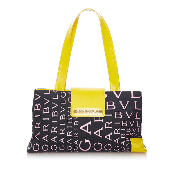 ブルガリ ロゴマニア ブラック イエロー レザー キャンバス トートバッグ レディース BVLGARI 【中古】