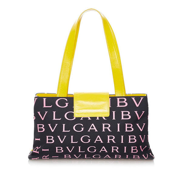 ブルガリ ロゴマニア ブラック イエロー レザー キャンバス トートバッグ レディース BVLGARI 【中古】
