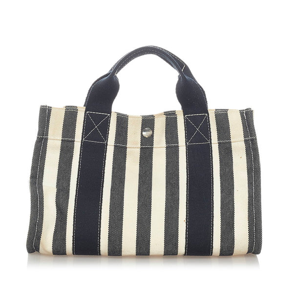 エルメス カンヌPM  ハンドバッグ ストライプ ブラック ホワイト キャンバス レディース HERMES 【中古】