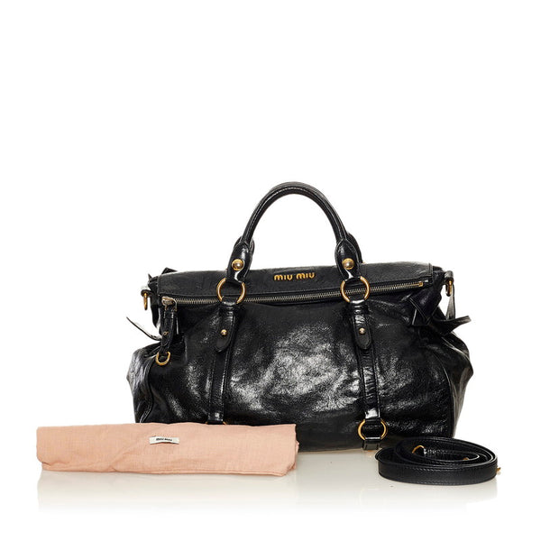 ミュウミュウ VITELLO LUX サイドリボン ハンドバッグ ショルダーバッグ 2WAY RT0515 ブラック レザー レディース MIUMIU 【中古】