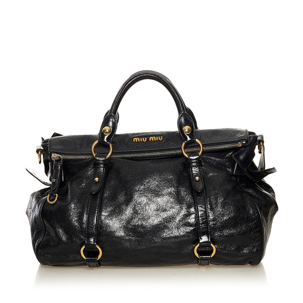 ミュウミュウ VITELLO LUX サイドリボン ハンドバッグ ショルダーバッグ 2WAY RT0515 ブラック レザー レディース MIUMIU 【中古】