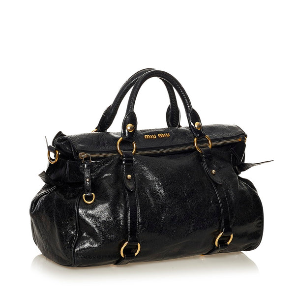 ミュウミュウ VITELLO LUX サイドリボン ハンドバッグ ショルダーバッグ 2WAY RT0515 ブラック レザー レディース MIUMIU 【中古】