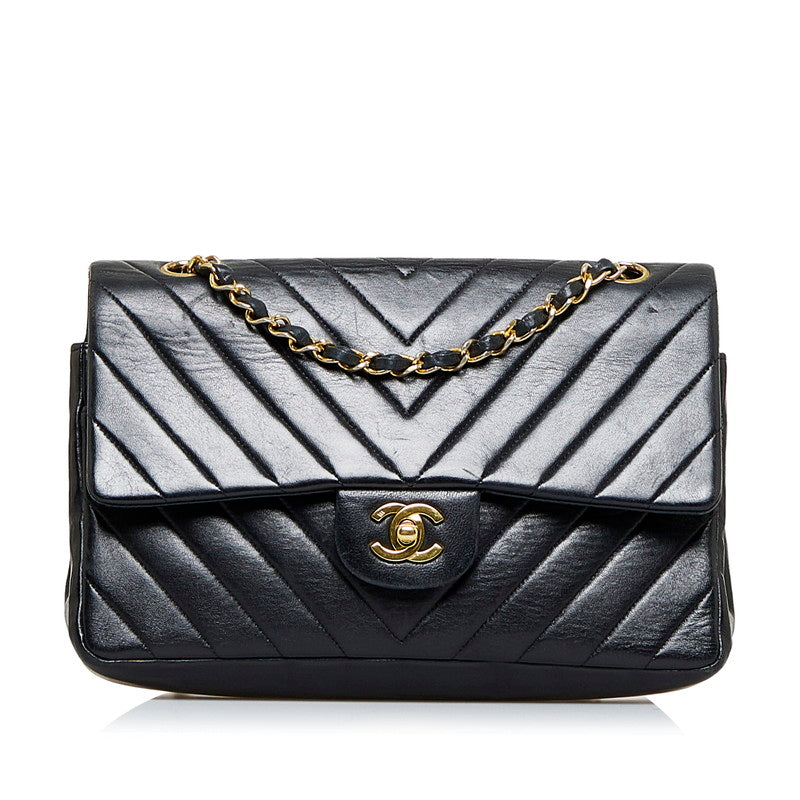シャネル Vステッチ ココマーク チェーン ショルダーバッグ ブラック レザー レディース CHANEL 【中古】