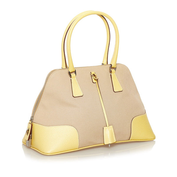 プラダ CANAPA CINGHI ハンドバッグ ベージュ イエロー キャンバス レザー レディース PRADA 【中古】