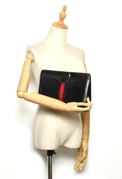 グッチ シェリー ブラック レッド ネイビー スウェード クラッチバッグ レディース GUCCI 中古