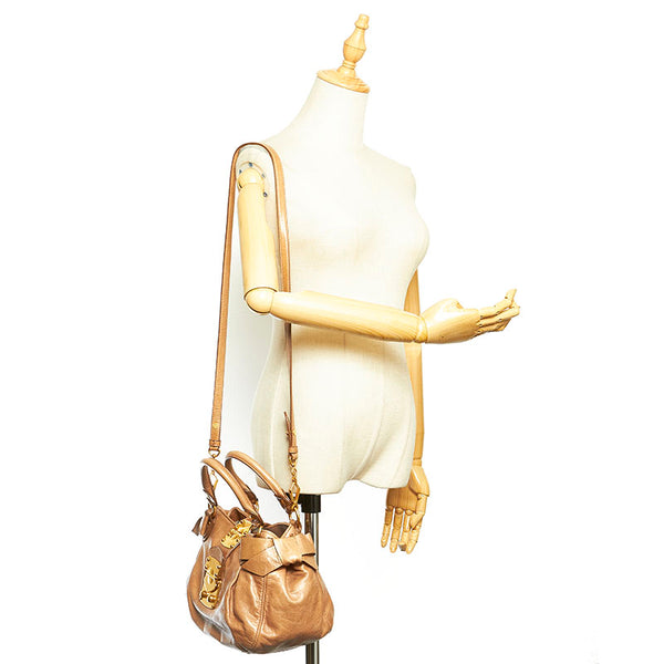 ミュウミュウ リボン ブラウン レザー ハンドバッグ ショルダーバッグ 2WAY レディース MIUMIU 【中古】
