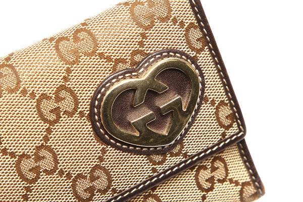グッチ ラブリー ハート GGキャンバス ベージュ ブラウン キャンバス レザー 長財布 レディース GUCCI 中古