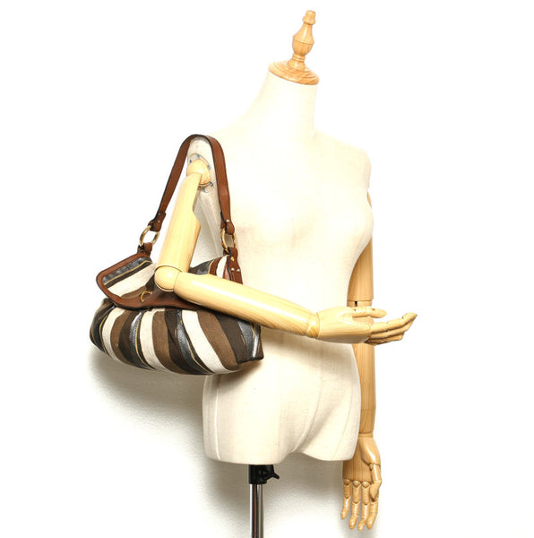 フェンディ カーキ ホワイト ブラウン キャンバス レザー ショルダーバッグ レディース FENDI 中古