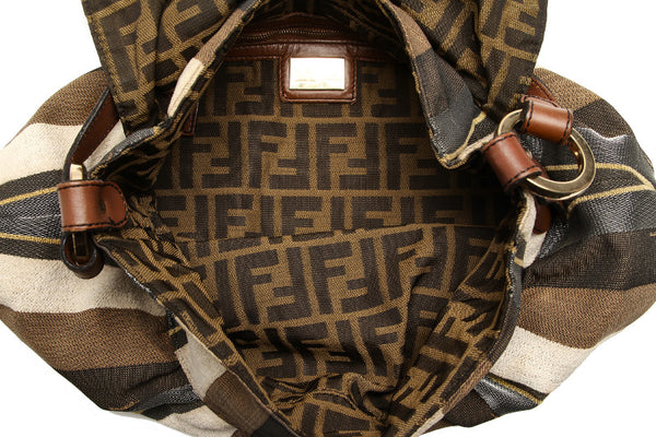 フェンディ カーキ ホワイト ブラウン キャンバス レザー ショルダーバッグ レディース FENDI 中古