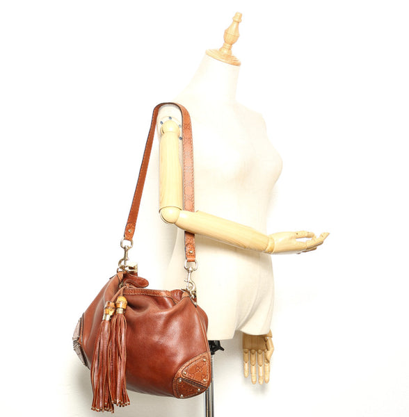 グッチ バンブー グッチシマ 185566 ブラウン レザー ショルダーバッグ レディース GUCCI 中古