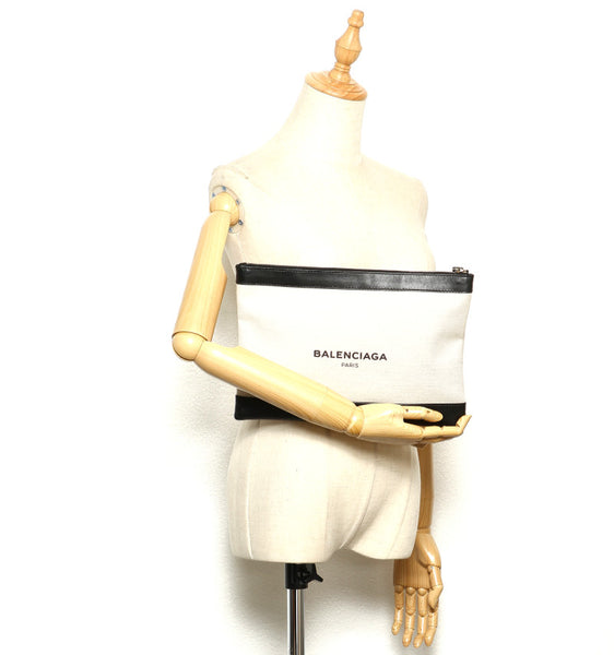 バレンシアガ 373834 ベージュ ブラック キャンバス レザー クラッチバッグ ユニセックス BALENCIAGA 中古