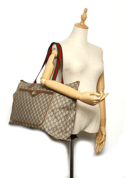グッチ GGプラス シェリー ベージュ ブラウン グリーン レッド PVC トートバッグ ユニセックス GUCCI 中古