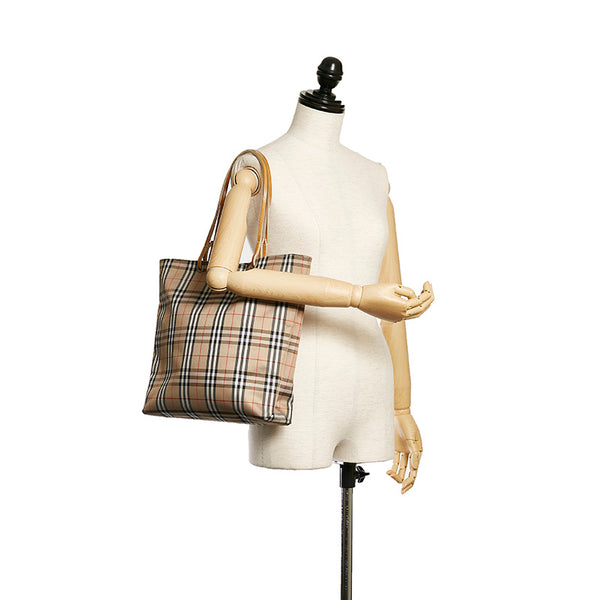 バーバリー チェック ベージュ ナイロン レザー トートバッグ レディース BURBERRY 【中古】