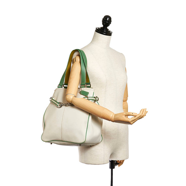 コーチ トートバッグ 7532 ホワイト グリーン レザー レディース COACH 【中古】