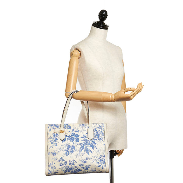 グッチ GGリボン ハーバリウム 432684 ホワイト ブルー キャンバス レザー トートバッグ レディース GUCCI 【中古】