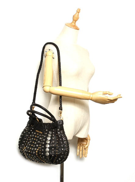 ミュウミュウ スタッズ ブラック 黒 レザー ショルダーバッグ レディース MIUMIU 中古