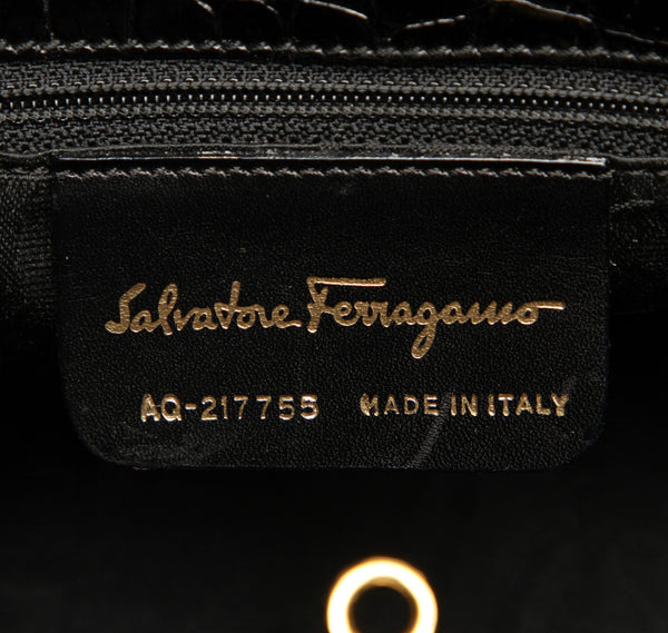 サルヴァトーレフェラガモ ヴァラ AQ-217755 ブラック 黒 クロコ型押し ハンドバッグ レディース Salvatore Ferragamo 中古