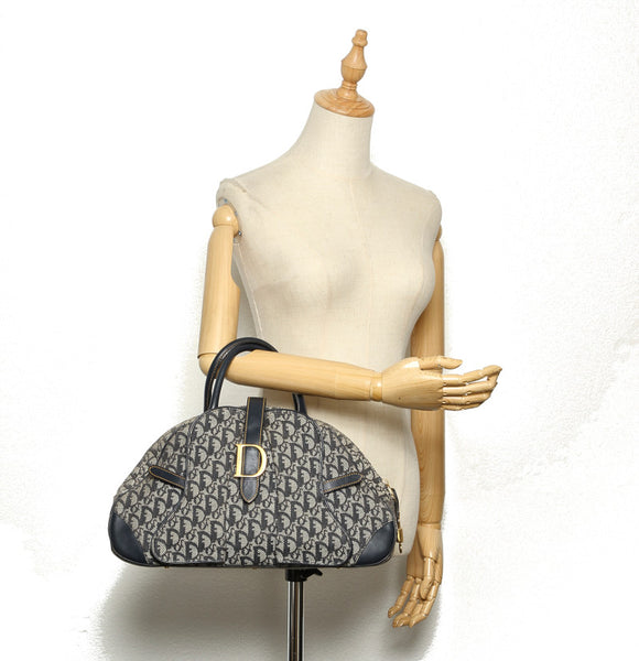 クリスチャンディオール トロッター ネイビー キャンバス レザー ハンドバッグ レディース Christian Dior 中古