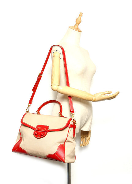 プラダ ベージュ レッド キャンバス レザー ハンドバッグ レディース PRADA 中古