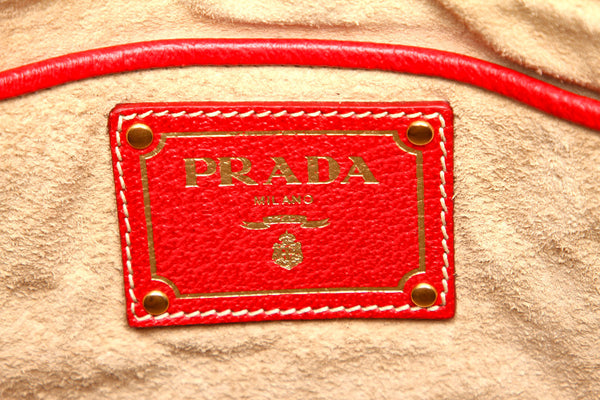 プラダ ベージュ レッド キャンバス レザー ハンドバッグ レディース PRADA 中古