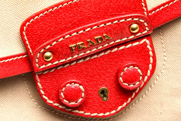 プラダ ベージュ レッド キャンバス レザー ハンドバッグ レディース PRADA 中古