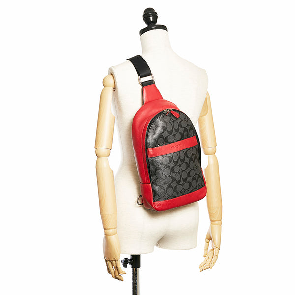 コーチ シグネチャー レッド グレー PVC レザー ワンショルダーバッグ メンズ COACH 【中古】