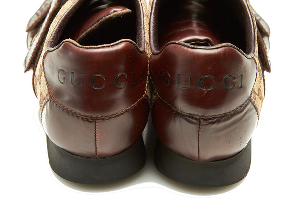 グッチ GGキャンバス ベルクロ 111 6047 ブラウン キャンバス レザー ドライビングスニーカー メンズ GUCCI 中古