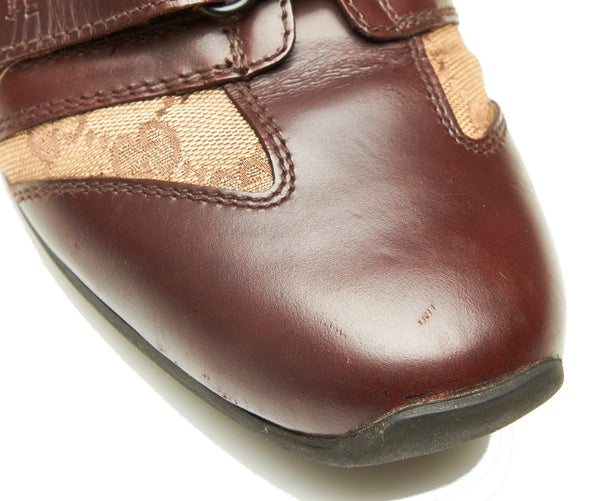 グッチ GGキャンバス ベルクロ 111 6047 ブラウン キャンバス レザー ドライビングスニーカー メンズ GUCCI 中古