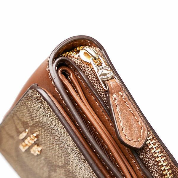 コーチ シグネチャー 三つ折り財布 ブラウン ベージュ PVC レザー レディース COACH 【中古】