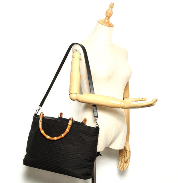 グッチ バンブー 002・1364・0439 ブラック キャンバス レザー ハンドバッグ ショルダーバッグ 2WAY レディース GUCCI 中古